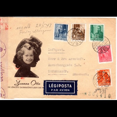 Ungarn 1943, 5 Marken auf Zirkus Umschlag m. dt. Zensur p. Luftpost n. Dänemark
