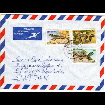 Lesotho 1979, 3 Reptilien Marken auf Luftpost Brief v. Mazenod n. Schweden