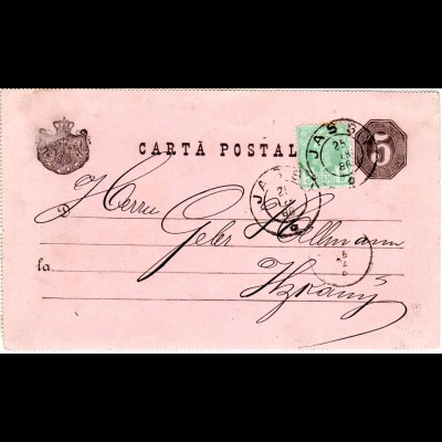 Rumänien 1888, 5 B. Zusatzfr. auf 5 B. Ganzsache v. Jassy n. Itzkany