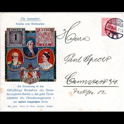 DR 1906, 10 Pf. Privat Ganzsache Brief v. Mannheim n. Cannstadt