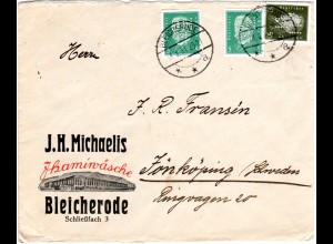 DR 1931, 2x5+30 Pf. m. perfin Firmenlochung auf Brief v. Bleicherode