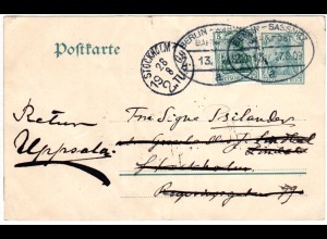 DR 1909, Berlin-Sassnitz Bahnpost a auf 5 Pf. Ganzsache m. Zusatzfr. n. Schweden