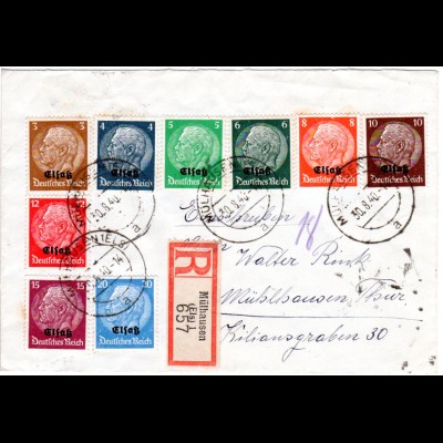 Elsass 1940, 9 versch. Marken auf Einschreiben Brief v. Mühlhausen (Els)