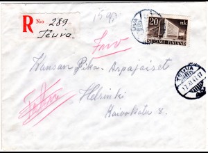 Finnland 1947, TEUVA, handschriftlicher Reko Zettel auf Brief m. EF 20 M.