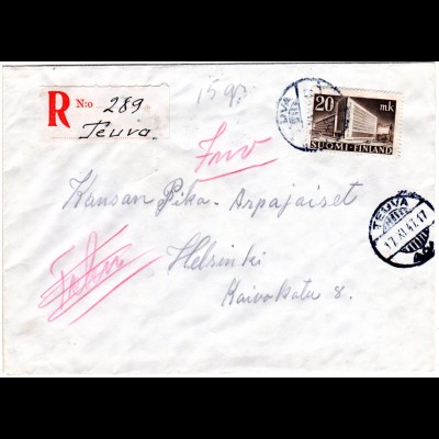 Finnland 1947, TEUVA, handschriftlicher Reko Zettel auf Brief m. EF 20 M.
