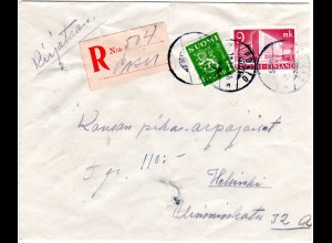 Finnland 1945, POSIO, handschriftlicher Reko Zettel auf Brief m. 9+1 M.