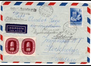 Ungarn 1948, Paar 40 F.+1 Ft. auf Luftpost Brief v. Budapest n. Schweden.