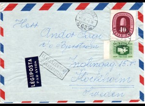 Ungarn 1948, 40 F.+1 Ft. auf Luftpost Brief v. Budapest n. Schweden.