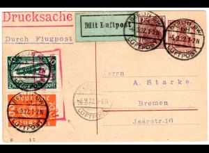 DR 1922, 10+40 Pf. Flugpost auf Ganzsache m Zusatzfr. pr. Luftpost Berlin-Bremen
