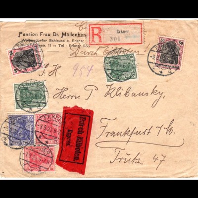 DR 1920, 7 Germania Marken auf Eilboten Brief v. ERKNER n. Frankfurt.