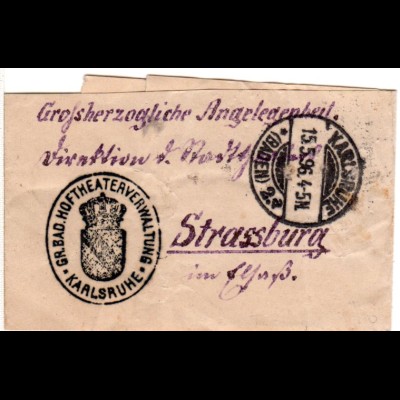 DR 1896, portofreies Streifband Großherzogliche Angelegenheit v. Karlsruhe