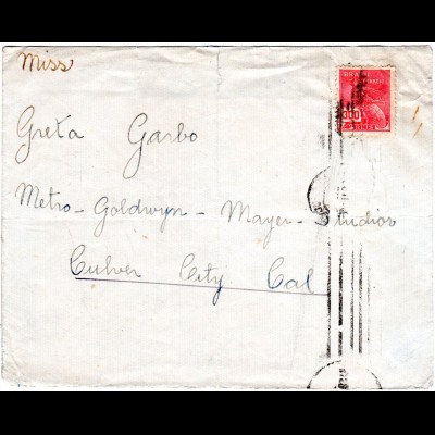 An Schauspielerin Greta Garbo in Culver City adressierter Brief aus Brasilein