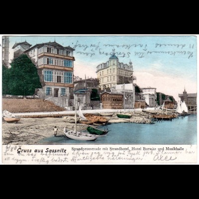 Gruss aus Sassnitz m. Booten u. Gebäuden, 1904 gebr. Farb-AK