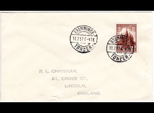 Dänemark 1957, Bahnpost Stpl. BRAMMINGE-TÖNDER T. 478 auf Brief m. 20 öre
