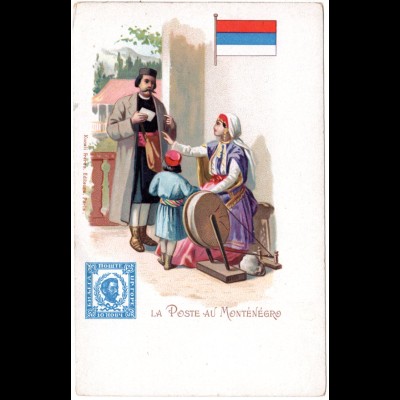 La Poste Au Montenegro, ungebr. Farb-AK m. Briefmarkenabbildung