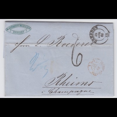 Sachsen Frankreich 1865, K2 Dresden auf Brief ü. Forbach m. Porto Stpl. 6 #2436