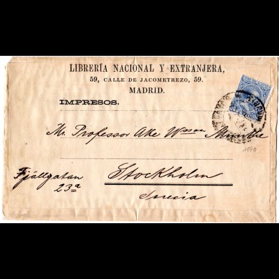 Spanien 1890, 5 C. auf Drucksachenschleife v. Madrid n. Schweden