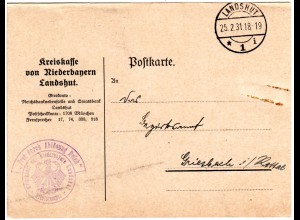 DR 1931, Frei durch Ablösung Reich auf Karte d. Kreiskasse Landshut