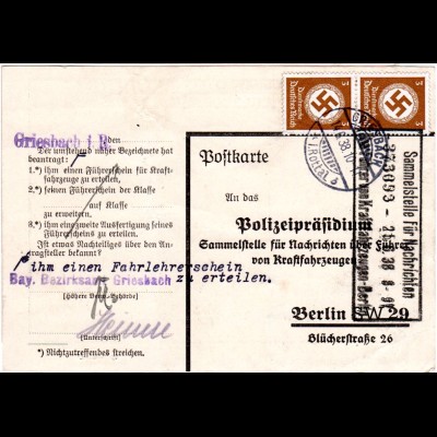 DR 1938, Paar 3 Pf. Dienst auf Vordruck Karte Griesbach a.d. Polizeipräsidium 