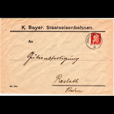 Bayern 1916, 10 Pf. Dienst auf Brief d. Bayer. Staatseisenbahnen v. Frankenthal