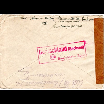 SBZ 1948, 50 Pf. auf Zensur Brief v. Chemnitz n. Österreich. Rücks. rot PLZ-R3