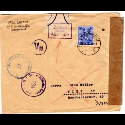 SBZ 1946, 50 Pf. auf Brief v. Crimmitschau n. Österreich. Amtlich verschlossen