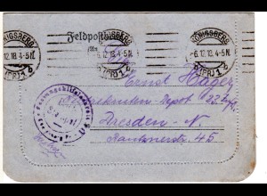 DR FP WK I, 1918, FP Kartenbrief aus dem Festungshilfslazarett Königsberg