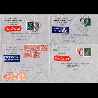 Belgien 1946/48, 4 unterschiedlich frankierte Luftpost Briefe nach Schweden. 