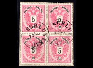 Österreich, 4er Block 5 Kr. auf schönem Briefstück m. Böhmen-K1 SCHLUKENAU.