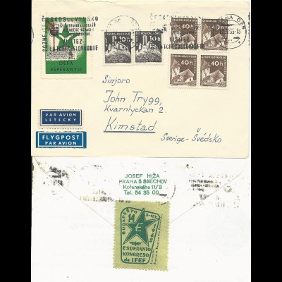 Tschechoslowakei, Luftpost Brief m. 2 Esperanto Vignetten n. Schweden. #879