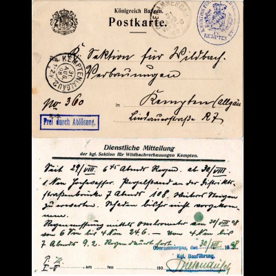 Bayern 1908, Frei durch Ablösung auf Dienst Karte v. Oberammergau n. Kempten.