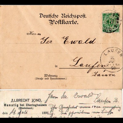 DR 1898, 5 Pf. m. Firmenlochung auf Karte v. Hunstig b. Dieringhausen