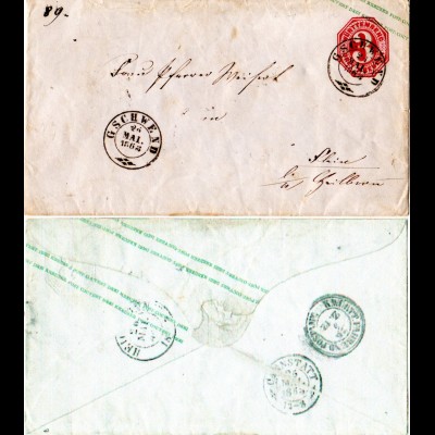 Württemberg 1863, K2 GSCHWEND auf 3 Kr. Ganzsache Brief m. rs. Bahnpost Stpl.