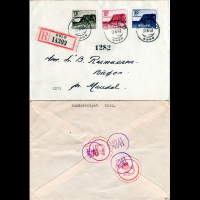Norwegen 1943, Nordkap kpl. auf Reko Brief v. Oslo m. rücks. Postetiketten