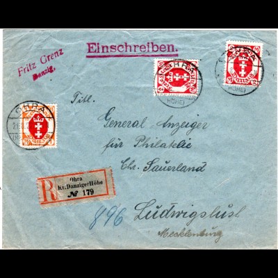 Danzig 1922, 1+2x2 Mk. auf Einschreiben Brief v. OHRA Kr. Danziger Höhe