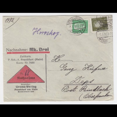 DR 1930, 5+30 Pf. auf Nachnahme Brief v. Frankfurt n. Deps, Post Bindlach. #2378