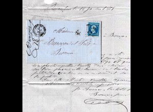 Frankreich 1869, OR auf Brief v. 2475 Montigny-Le-Roi, innen Provenchers