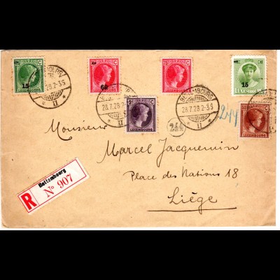 Luxemburg 1928, 6 Marken auf Einschreiben Brief v. Bettembourg m. rs. Vignette