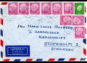 BRD 1960, 10 Heuss Marken auf Luftpost Brief v. München Obermenzing n. Schweden 
