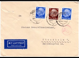 DR 1940, 10+2x25 Pf.auf Luftpost Zensur Brief (über 20 g) v. Hamburg n. Schweden