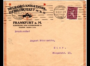 DR 1922, EF 50 Pf. auf Firmen Orts Drucksache Brief v. Frankfurt.