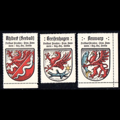 Reg.Bez. Stettin, Ahlbeck, Greifenhagen, Neuwarp, 3 alte Pommern Sammelmarken