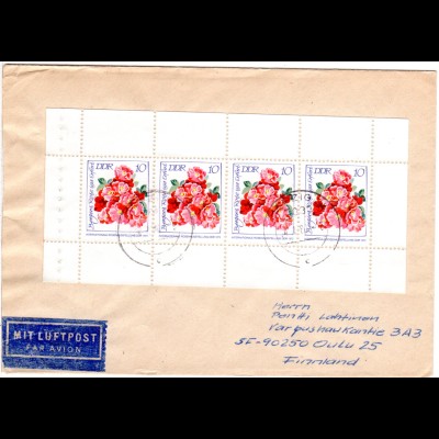 DDR 1980, MHB m. 4x10 Pf. Rosen auf Luftpost Brief v. Leipzig n. Finnland