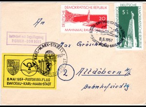 DDR 1957, Post Segelflug Brief Zwickau-Karl Marx Stadt m. entspr. Sonderstpl.