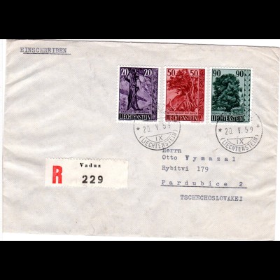 Liechtenstein 1959, 20+50+90 R. auf Reko Brief v. Vaduz i.d. Tschechoslowakei