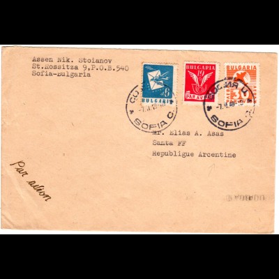 Bulgarien 1949, 6+19+30 L. auf Luftpost Brief v. Sofia n. Argentinien