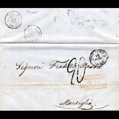 Französ. Levante 1854, Paquebots De La Mediterranée auf Brief v. Constantinople