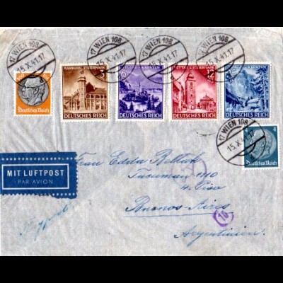 DR 1941, 6 Marken auf Ostmark Luftpost Brief v. Wien n. Argentinien