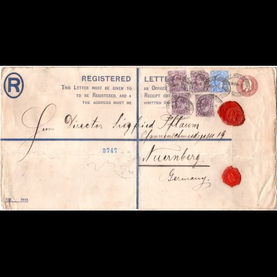 GB 1903, 4x6+2 1/2d on large 3d registration stationery envelope to Bavaria