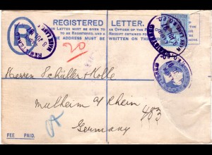 GB 1897, blauer Mark Lane Oval Stempel auf Einschreiben Ganzsachenumschlag